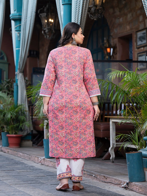 Women Plus Size Peach Pure Cotton Kurta Set With Dupatta